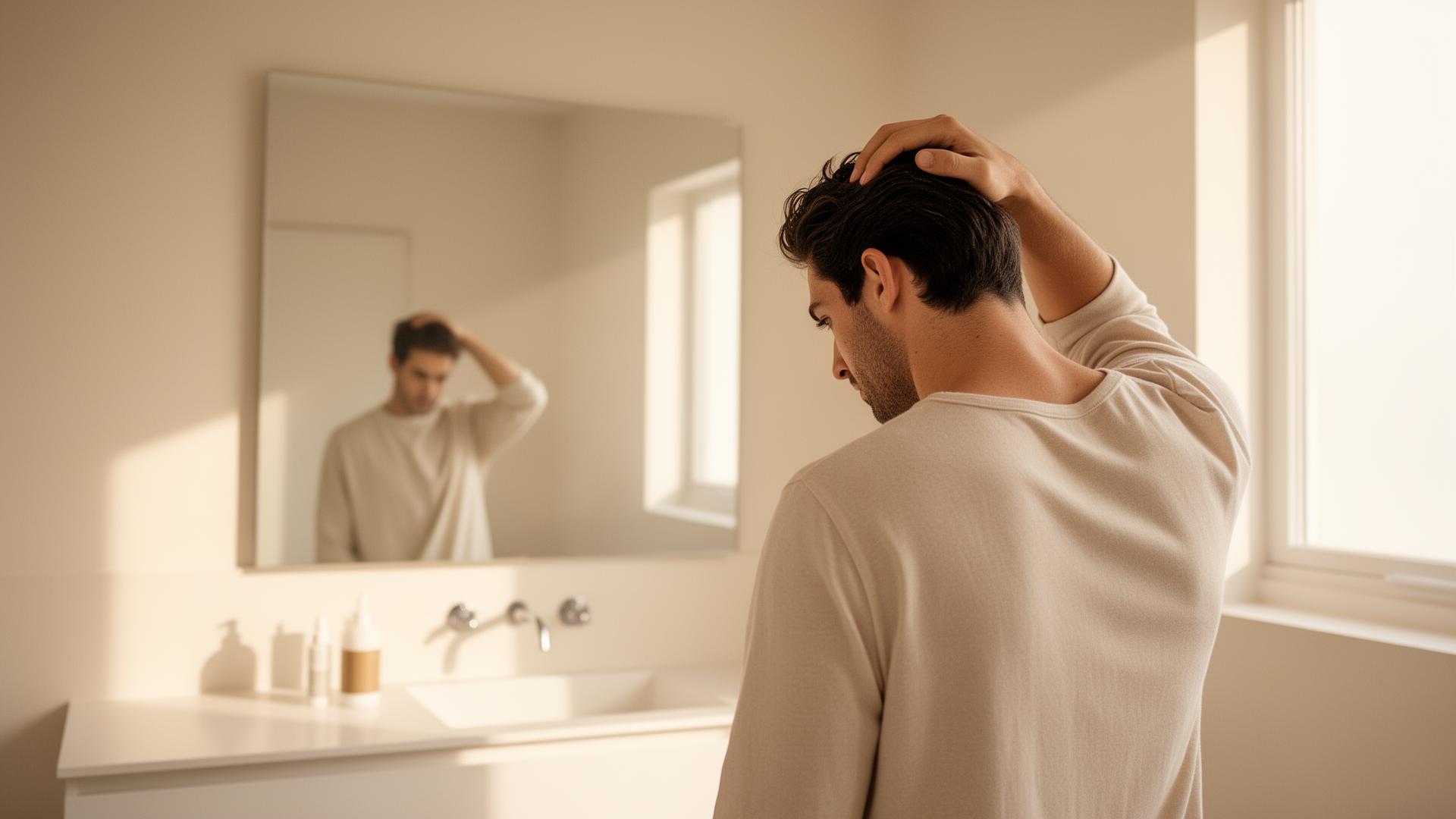 Man in a sunlit bathroom checking his hair in the mirror